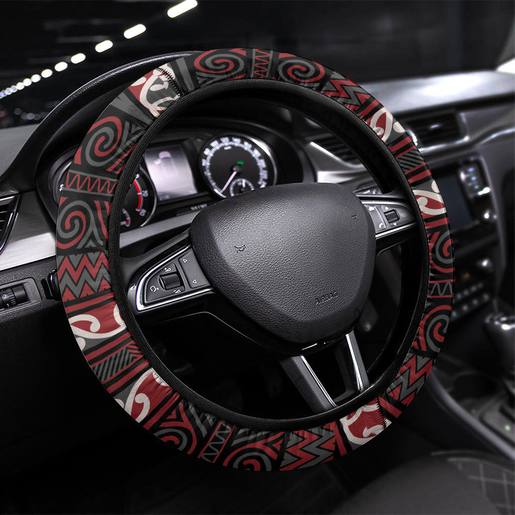 Aotearoa Iwi Ngati Toa Steering Wheel Cover Maori Wharenui House Tribal Pattern LT9 Universal Fit Dark Red - Polynesian Pride