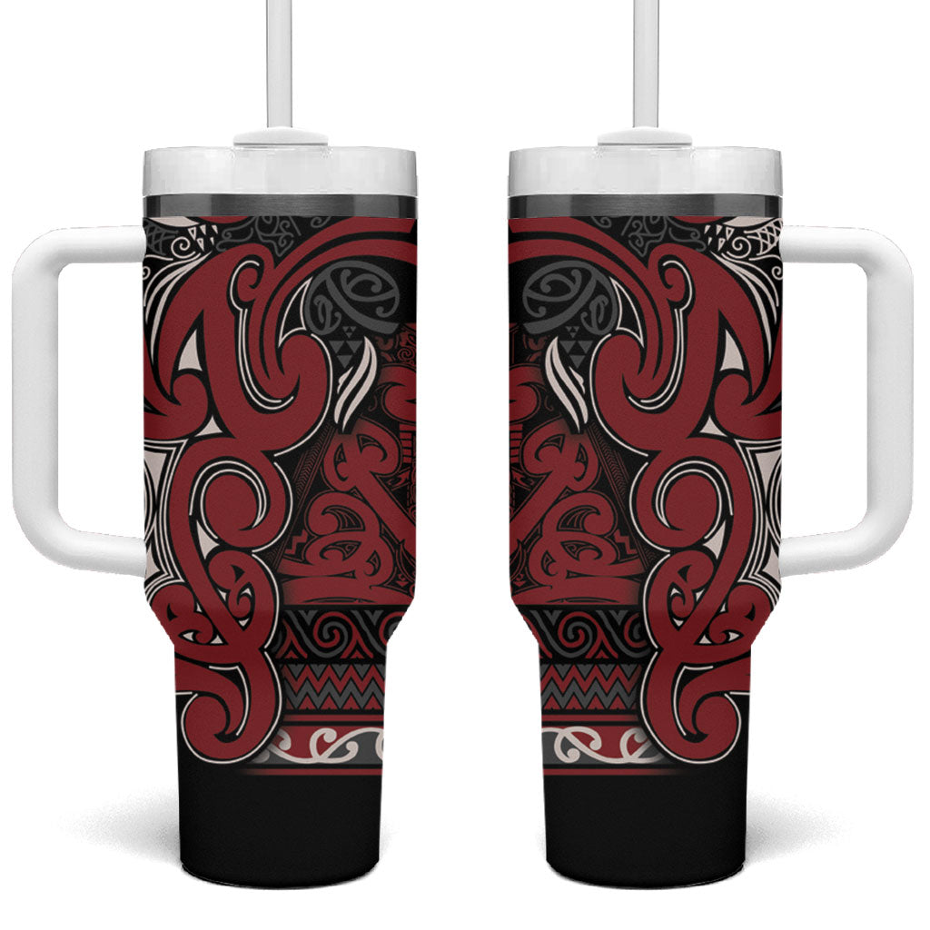 Aotearoa Iwi Ngati Toa Tumbler With Handle Maori Wharenui House Tribal Pattern LT9 One Size: 40 oz Dark Red - Polynesian Pride
