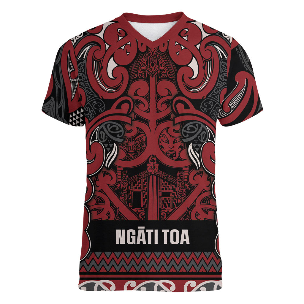Aotearoa Iwi Ngati Toa Women V-Neck T-Shirt Maori Wharenui House Tribal Pattern LT9 Female Dark Red - Polynesian Pride