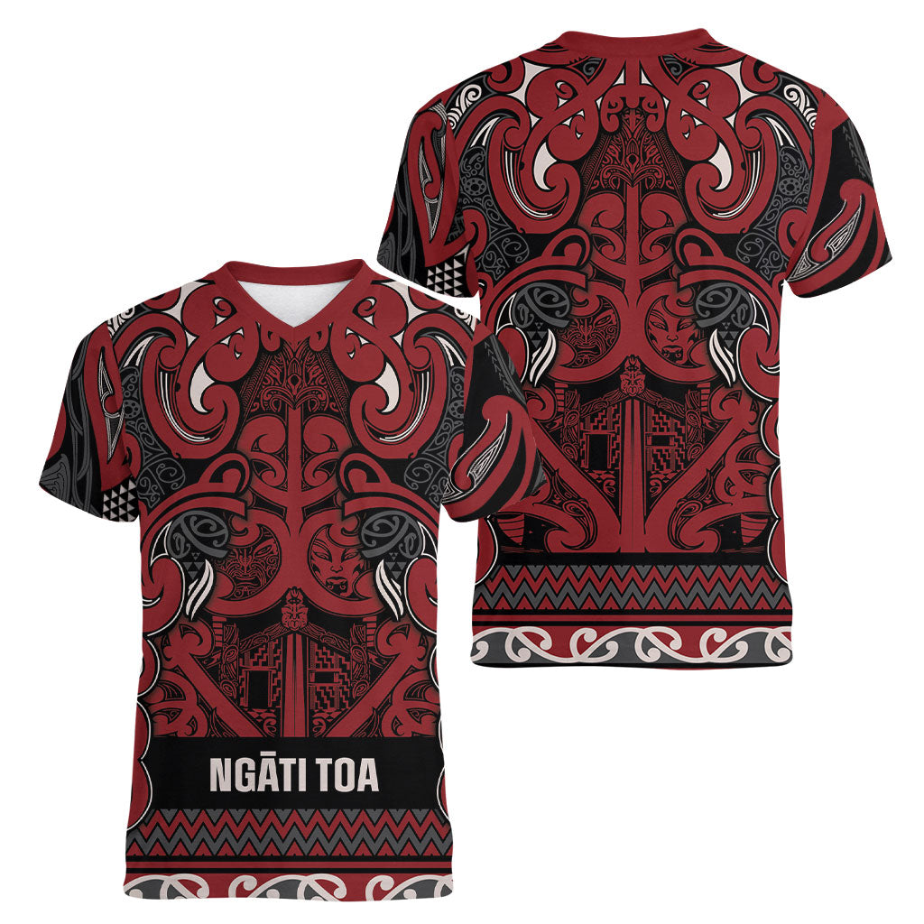 Aotearoa Iwi Ngati Toa Women V-Neck T-Shirt Maori Wharenui House Tribal Pattern LT9 - Polynesian Pride