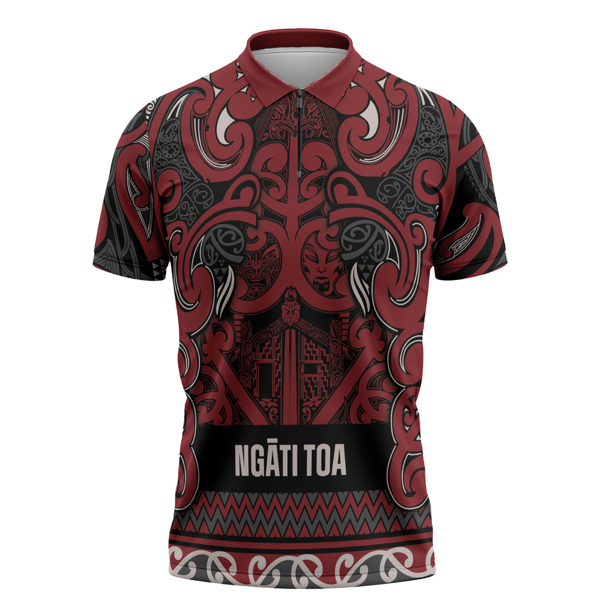 Aotearoa Iwi Ngati Toa Zipper Polo Shirt Maori Wharenui House Tribal Pattern LT9 Dark Red - Polynesian Pride