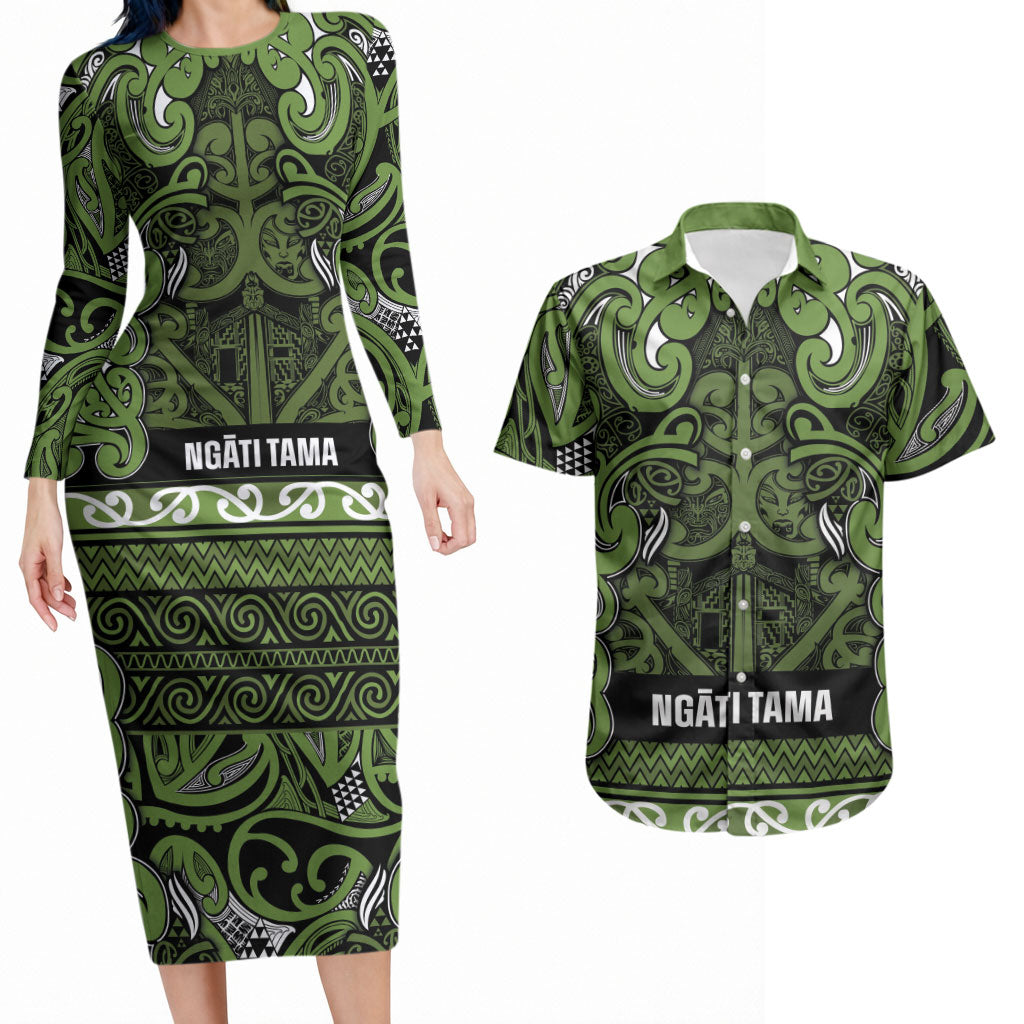Aotearoa Iwi Ngāti Tama ki Taranaki Trust Couples Matching Long Sleeve Bodycon Dress and Hawaiian Shirt Maori Wharenui House Tribal Pattern LT9 Lime - Polynesian Pride