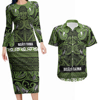 Aotearoa Iwi Ngāti Tama ki Taranaki Trust Couples Matching Long Sleeve Bodycon Dress and Hawaiian Shirt Maori Wharenui House Tribal Pattern LT9 Lime - Polynesian Pride