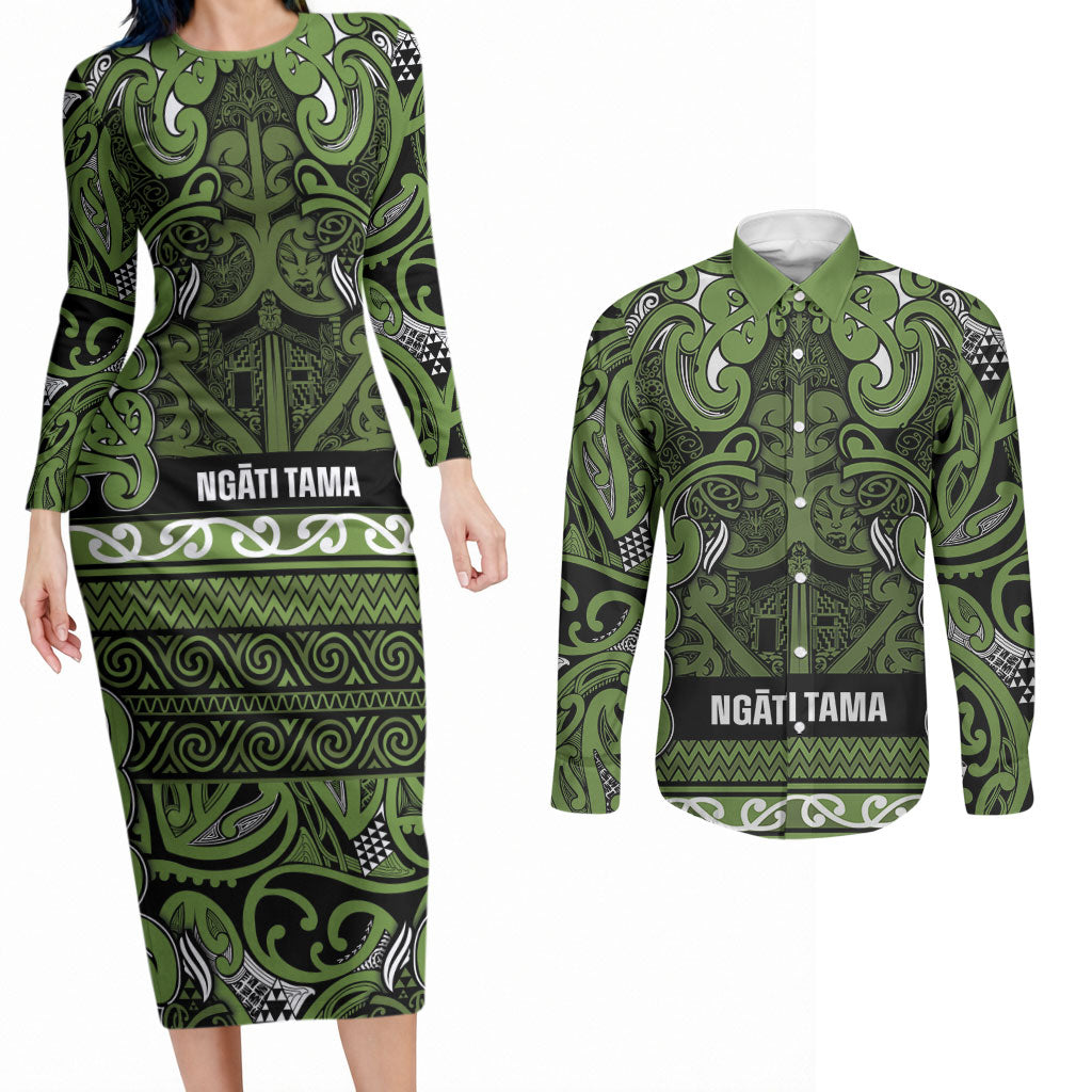 Aotearoa Iwi Ngāti Tama ki Taranaki Trust Couples Matching Long Sleeve Bodycon Dress and Long Sleeve Button Shirt Maori Wharenui House Tribal Pattern LT9 Lime - Polynesian Pride
