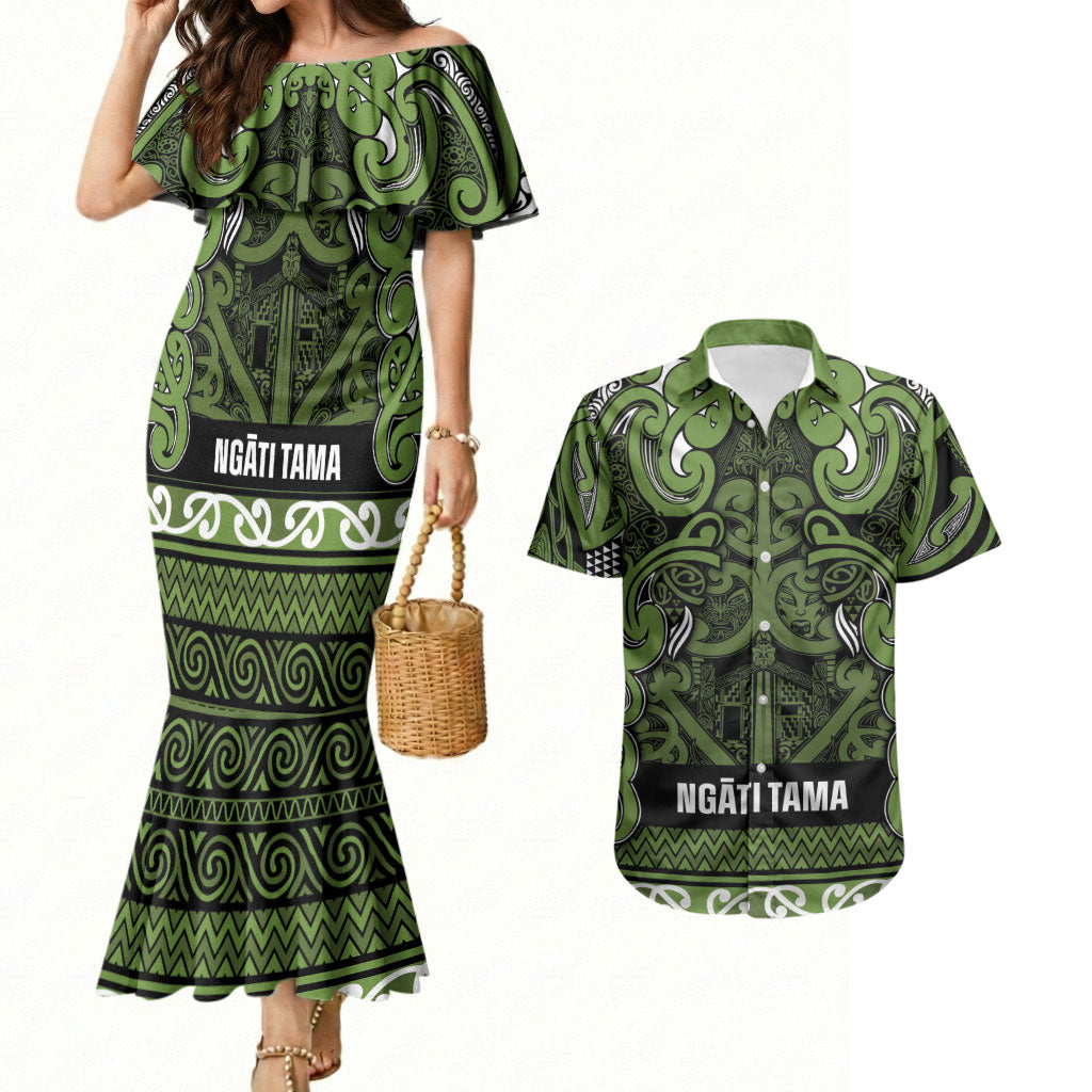 Aotearoa Iwi Ngāti Tama ki Taranaki Trust Couples Matching Mermaid Dress and Hawaiian Shirt Maori Wharenui House Tribal Pattern LT9 Lime - Polynesian Pride