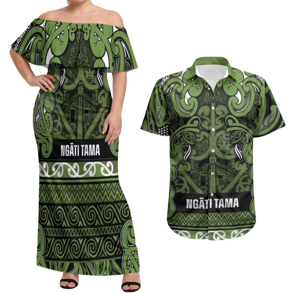 Aotearoa Iwi Ngāti Tama ki Taranaki Trust Couples Matching Off Shoulder Maxi Dress and Hawaiian Shirt Maori Wharenui House Tribal Pattern LT9 Lime - Polynesian Pride