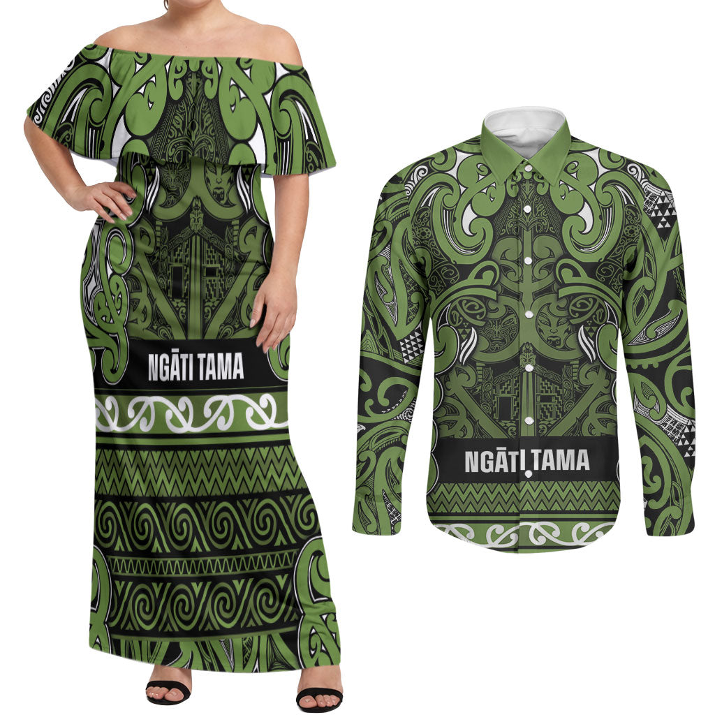 Aotearoa Iwi Ngāti Tama ki Taranaki Trust Couples Matching Off Shoulder Maxi Dress and Long Sleeve Button Shirt Maori Wharenui House Tribal Pattern LT9 Lime - Polynesian Pride