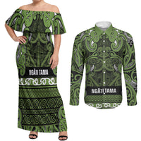 Aotearoa Iwi Ngāti Tama ki Taranaki Trust Couples Matching Off Shoulder Maxi Dress and Long Sleeve Button Shirt Maori Wharenui House Tribal Pattern LT9 Lime - Polynesian Pride