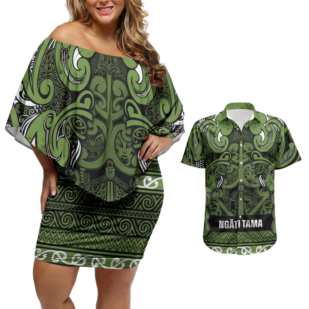 Aotearoa Iwi Ngāti Tama ki Taranaki Trust Couples Matching Off Shoulder Short Dress and Hawaiian Shirt Maori Wharenui House Tribal Pattern LT9 Lime - Polynesian Pride