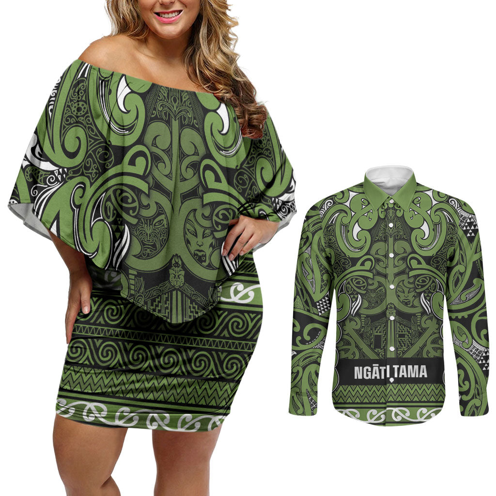 Aotearoa Iwi Ngāti Tama ki Taranaki Trust Couples Matching Off Shoulder Short Dress and Long Sleeve Button Shirt Maori Wharenui House Tribal Pattern LT9 Lime - Polynesian Pride