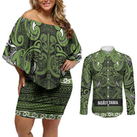 Aotearoa Iwi Ngāti Tama ki Taranaki Trust Couples Matching Off Shoulder Short Dress and Long Sleeve Button Shirt Maori Wharenui House Tribal Pattern LT9 Lime - Polynesian Pride