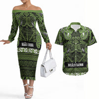 Aotearoa Iwi Ngāti Tama ki Taranaki Trust Couples Matching Off The Shoulder Long Sleeve Dress and Hawaiian Shirt Maori Wharenui House Tribal Pattern LT9 Lime - Polynesian Pride