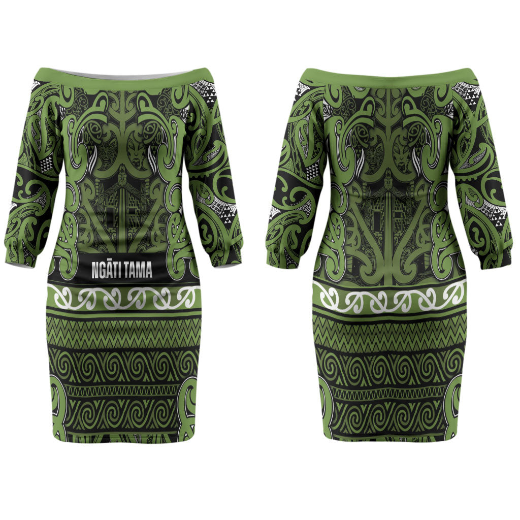 Aotearoa Iwi Ngāti Tama ki Taranaki Trust Couples Matching Off The Shoulder Long Sleeve Dress and Hawaiian Shirt Maori Wharenui House Tribal Pattern LT9 - Polynesian Pride
