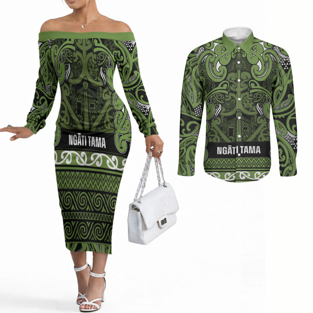 Aotearoa Iwi Ngāti Tama ki Taranaki Trust Couples Matching Off The Shoulder Long Sleeve Dress and Long Sleeve Button Shirt Maori Wharenui House Tribal Pattern LT9 Lime - Polynesian Pride
