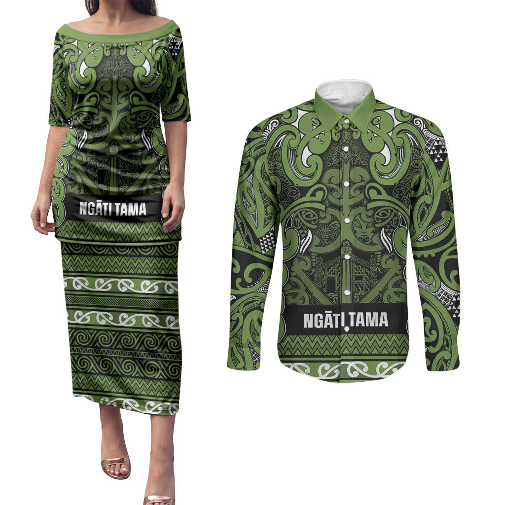 Aotearoa Iwi Ngāti Tama ki Taranaki Trust Couples Matching Puletasi and Long Sleeve Button Shirt Maori Wharenui House Tribal Pattern LT9 Lime - Polynesian Pride
