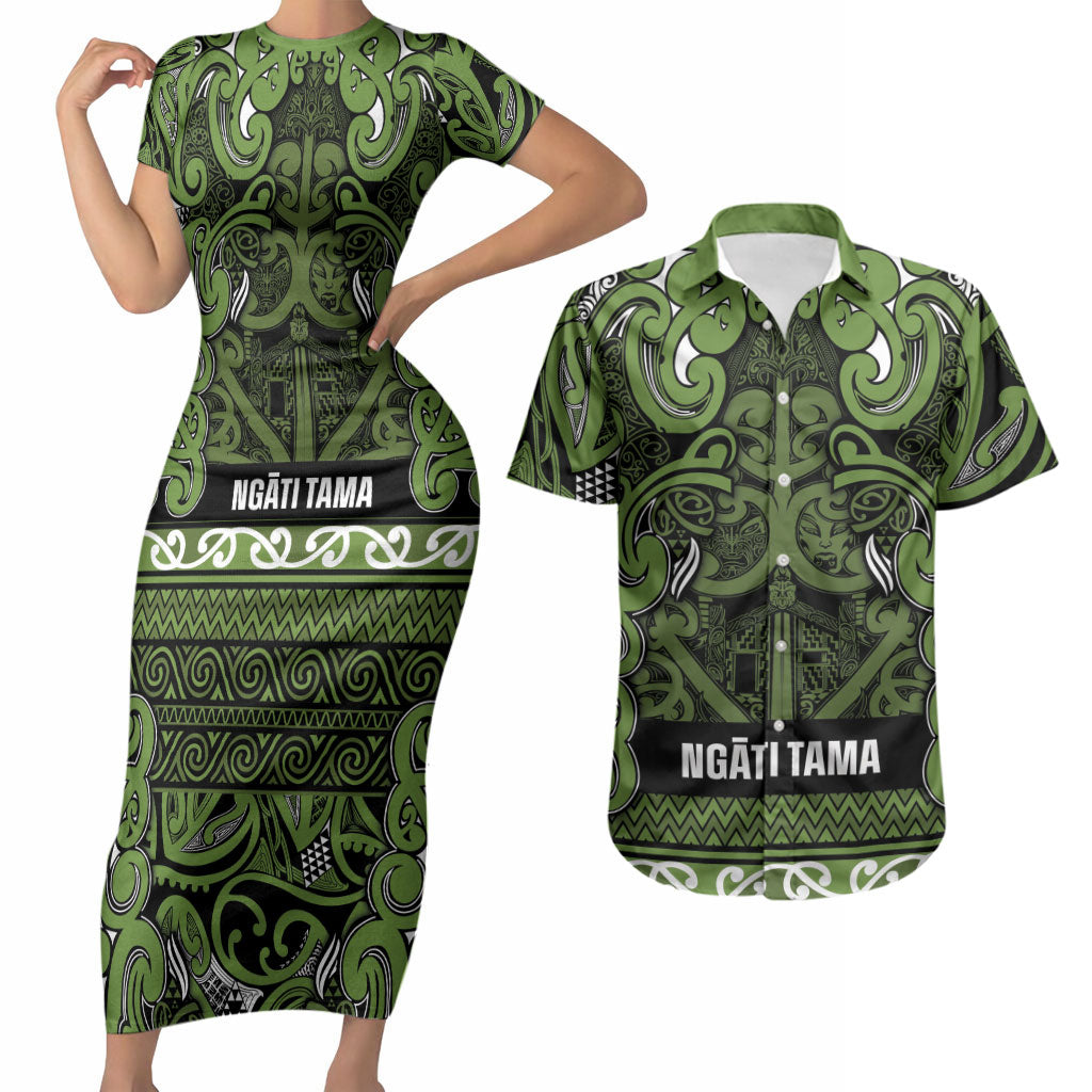 Aotearoa Iwi Ngāti Tama ki Taranaki Trust Couples Matching Short Sleeve Bodycon Dress and Hawaiian Shirt Maori Wharenui House Tribal Pattern