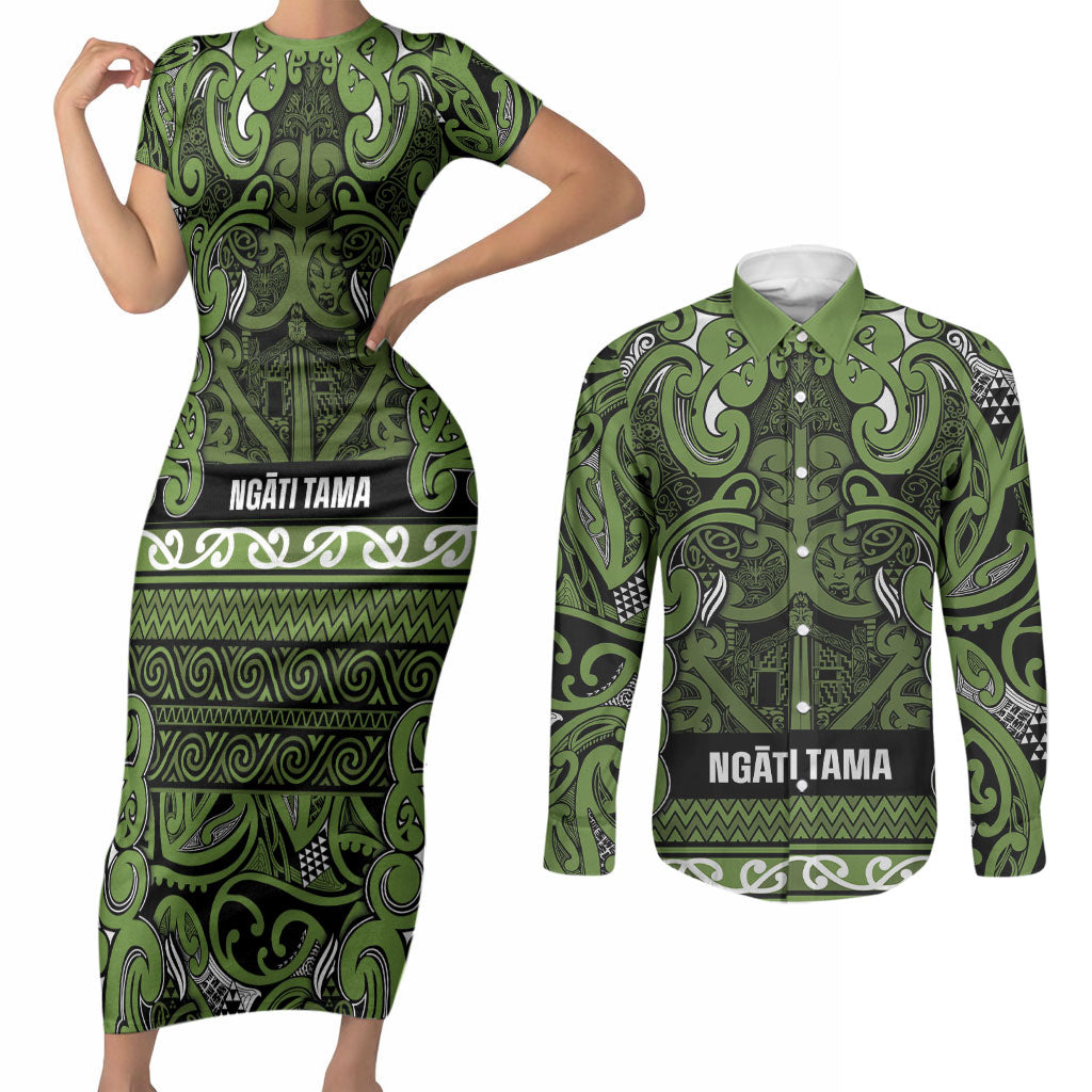 Aotearoa Iwi Ngāti Tama ki Taranaki Trust Couples Matching Short Sleeve Bodycon Dress and Long Sleeve Button Shirt Maori Wharenui House Tribal Pattern LT9 Lime - Polynesian Pride