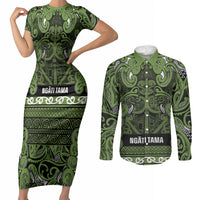 Aotearoa Iwi Ngāti Tama ki Taranaki Trust Couples Matching Short Sleeve Bodycon Dress and Long Sleeve Button Shirt Maori Wharenui House Tribal Pattern LT9 Lime - Polynesian Pride