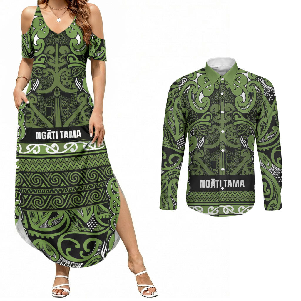 Aotearoa Iwi Ngāti Tama ki Taranaki Trust Couples Matching Summer Maxi Dress and Long Sleeve Button Shirt Maori Wharenui House Tribal Pattern LT9 Lime - Polynesian Pride