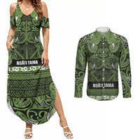 Aotearoa Iwi Ngāti Tama ki Taranaki Trust Couples Matching Summer Maxi Dress and Long Sleeve Button Shirt Maori Wharenui House Tribal Pattern LT9 Lime - Polynesian Pride