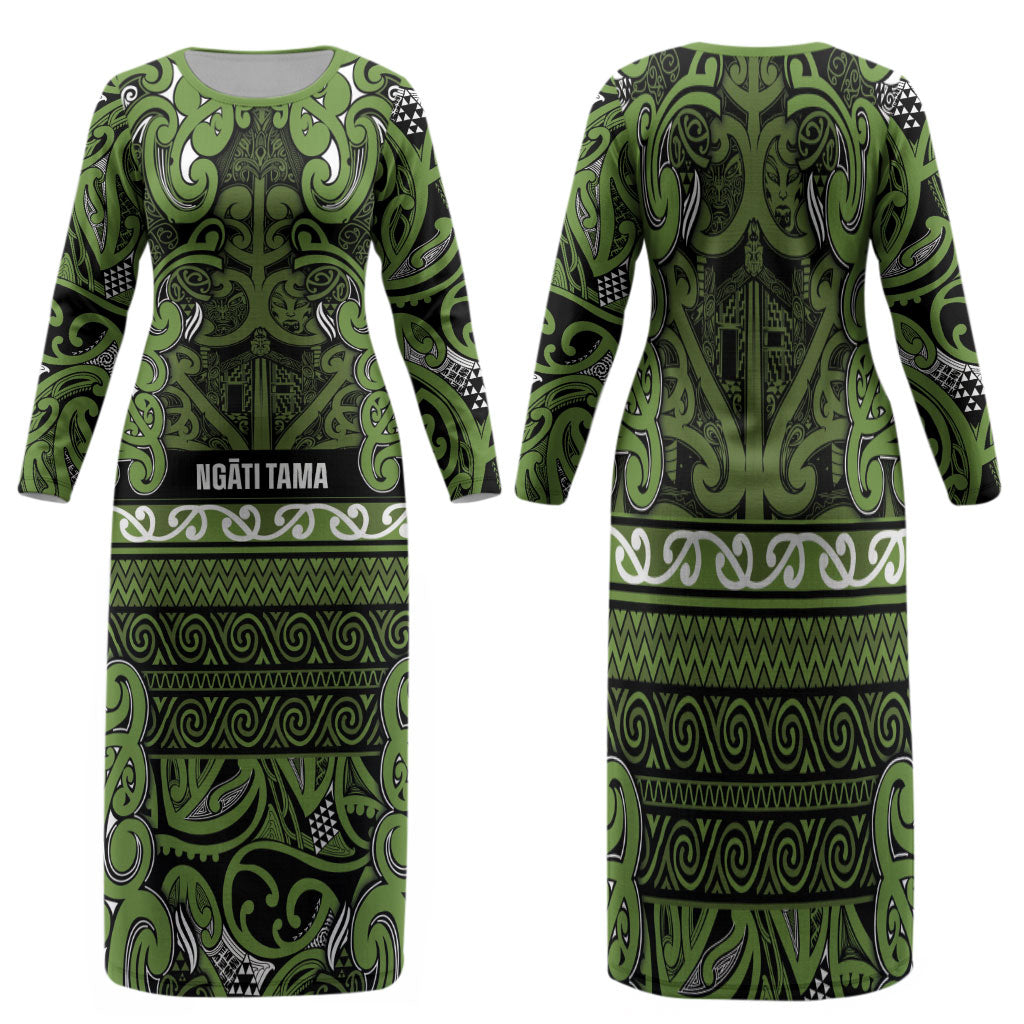 Aotearoa Iwi Ngāti Tama ki Taranaki Trust Family Matching Long Sleeve Bodycon Dress and Hawaiian Shirt Maori Wharenui House Tribal Pattern LT9 Mom's Dress Lime - Polynesian Pride