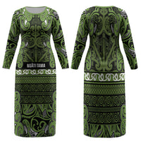 Aotearoa Iwi Ngāti Tama ki Taranaki Trust Family Matching Long Sleeve Bodycon Dress and Hawaiian Shirt Maori Wharenui House Tribal Pattern LT9 Mom's Dress Lime - Polynesian Pride