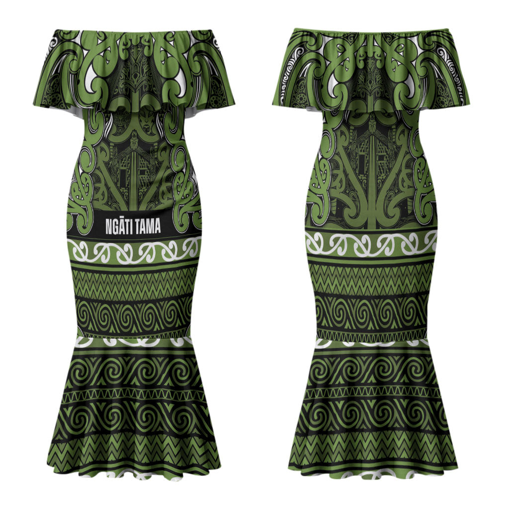 Aotearoa Iwi Ngāti Tama ki Taranaki Trust Family Matching Mermaid Dress and Hawaiian Shirt Maori Wharenui House Tribal Pattern LT9 Mom's Dress Lime - Polynesian Pride