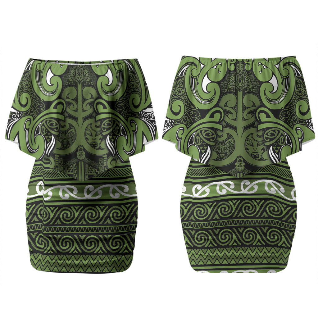 Aotearoa Iwi Ngāti Tama ki Taranaki Trust Family Matching Off Shoulder Short Dress and Hawaiian Shirt Maori Wharenui House Tribal Pattern LT9 Mom's Dress Lime - Polynesian Pride