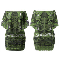 Aotearoa Iwi Ngāti Tama ki Taranaki Trust Family Matching Off Shoulder Short Dress and Hawaiian Shirt Maori Wharenui House Tribal Pattern LT9 Mom's Dress Lime - Polynesian Pride