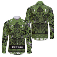 Aotearoa Iwi Ngāti Tama ki Taranaki Trust Family Matching Puletasi and Hawaiian Shirt Maori Wharenui House Tribal Pattern LT9 Dad's Shirt - Long Sleeve Lime - Polynesian Pride