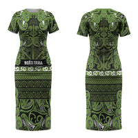Aotearoa Iwi Ngāti Tama ki Taranaki Trust Family Matching Short Sleeve Bodycon Dress and Hawaiian Shirt Maori Wharenui House Tribal Pattern LT9 Mom's Dress Lime - Polynesian Pride
