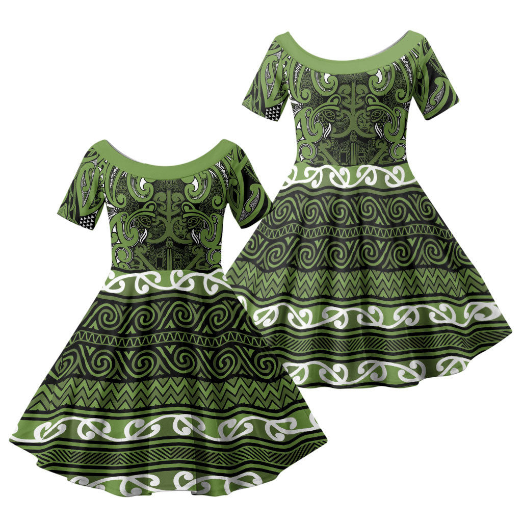Aotearoa Iwi Ngāti Tama ki Taranaki Trust Family Matching Summer Maxi Dress and Hawaiian Shirt Maori Wharenui House Tribal Pattern LT9 Daughter's Dress Lime - Polynesian Pride