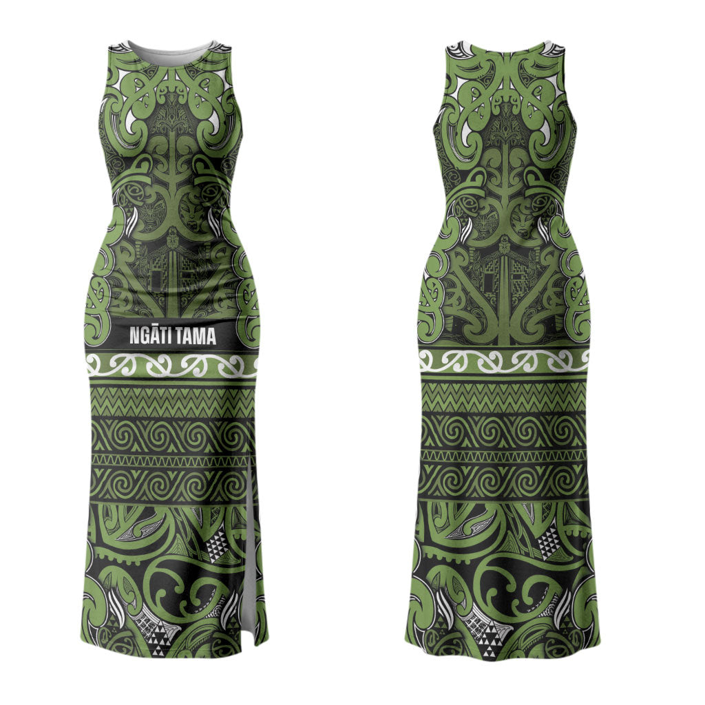 Aotearoa Iwi Ngāti Tama ki Taranaki Trust Family Matching Tank Maxi Dress and Hawaiian Shirt Maori Wharenui House Tribal Pattern LT9 Mom's Dress Lime - Polynesian Pride