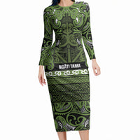 Aotearoa Iwi Ngāti Tama ki Taranaki Trust Long Sleeve Bodycon Dress Maori Wharenui House Tribal Pattern LT9 Long Dress Lime - Polynesian Pride