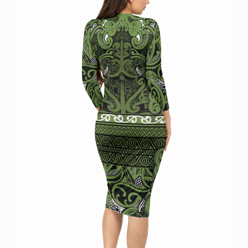 Aotearoa Iwi Ngāti Tama ki Taranaki Trust Long Sleeve Bodycon Dress Maori Wharenui House Tribal Pattern LT9 - Polynesian Pride