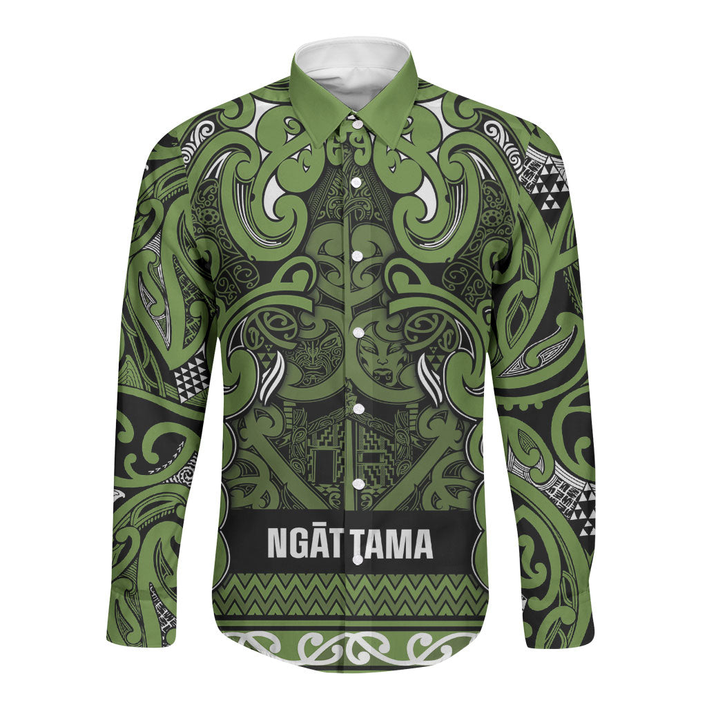 Aotearoa Iwi Ngāti Tama ki Taranaki Trust Long Sleeve Button Shirt Maori Wharenui House Tribal Pattern LT9 Unisex Lime - Polynesian Pride