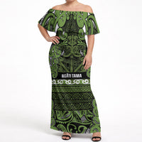 Aotearoa Iwi Ngāti Tama ki Taranaki Trust Off Shoulder Maxi Dress Maori Wharenui House Tribal Pattern LT9 Women Lime - Polynesian Pride
