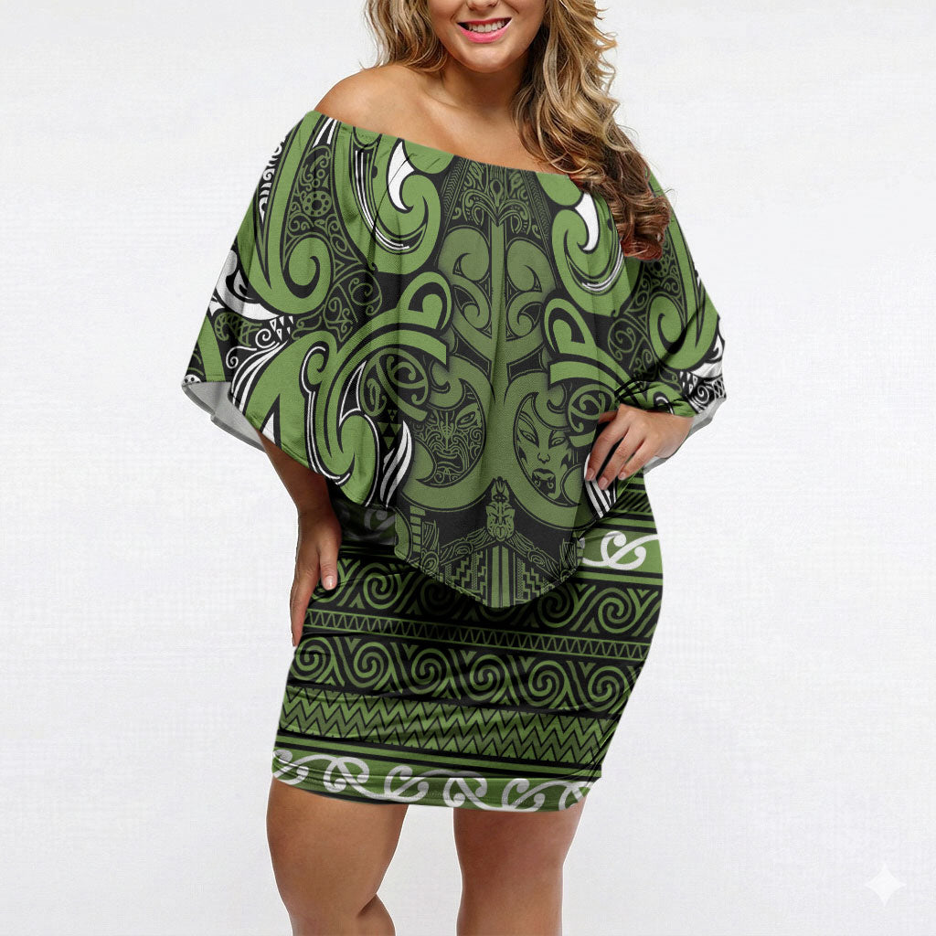 Aotearoa Iwi Ngāti Tama ki Taranaki Trust Off Shoulder Short Dress Maori Wharenui House Tribal Pattern LT9 Women Lime - Polynesian Pride