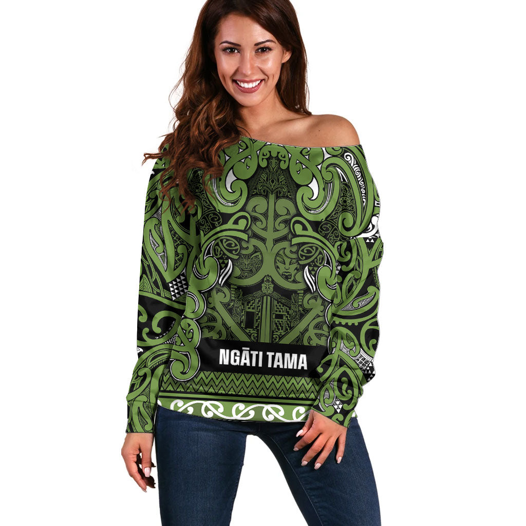 Aotearoa Iwi Ngāti Tama ki Taranaki Trust Off Shoulder Sweater Maori Wharenui House Tribal Pattern LT9 Women Lime - Polynesian Pride
