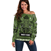 Aotearoa Iwi Ngāti Tama ki Taranaki Trust Off Shoulder Sweater Maori Wharenui House Tribal Pattern LT9 Women Lime - Polynesian Pride