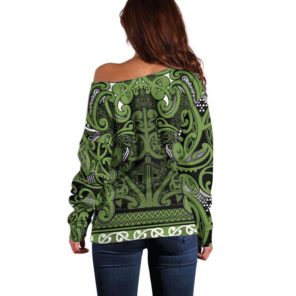 Aotearoa Iwi Ngāti Tama ki Taranaki Trust Off Shoulder Sweater Maori Wharenui House Tribal Pattern LT9 - Polynesian Pride