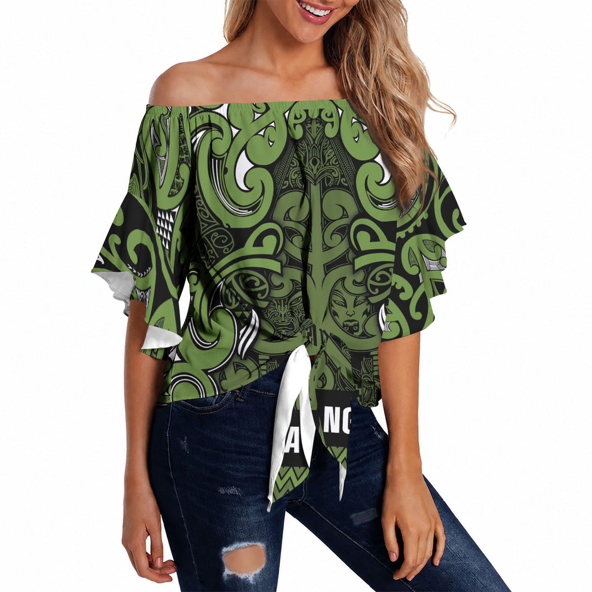Aotearoa Iwi Ngāti Tama ki Taranaki Trust Off Shoulder Wrap Waist Top Maori Wharenui House Tribal Pattern LT9 Lime - Polynesian Pride