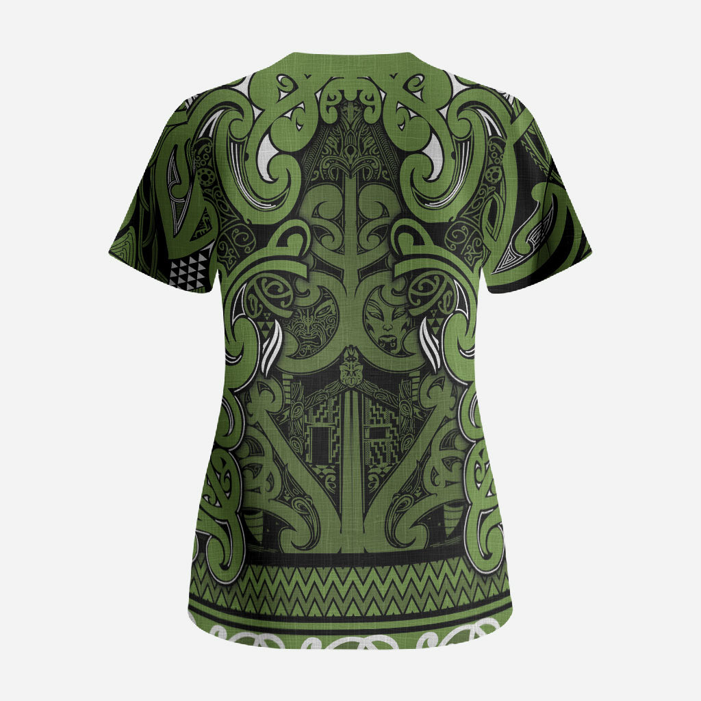 Aotearoa Iwi Ngāti Tama ki Taranaki Trust Scrub Top Maori Wharenui House Tribal Pattern LT9 - Polynesian Pride