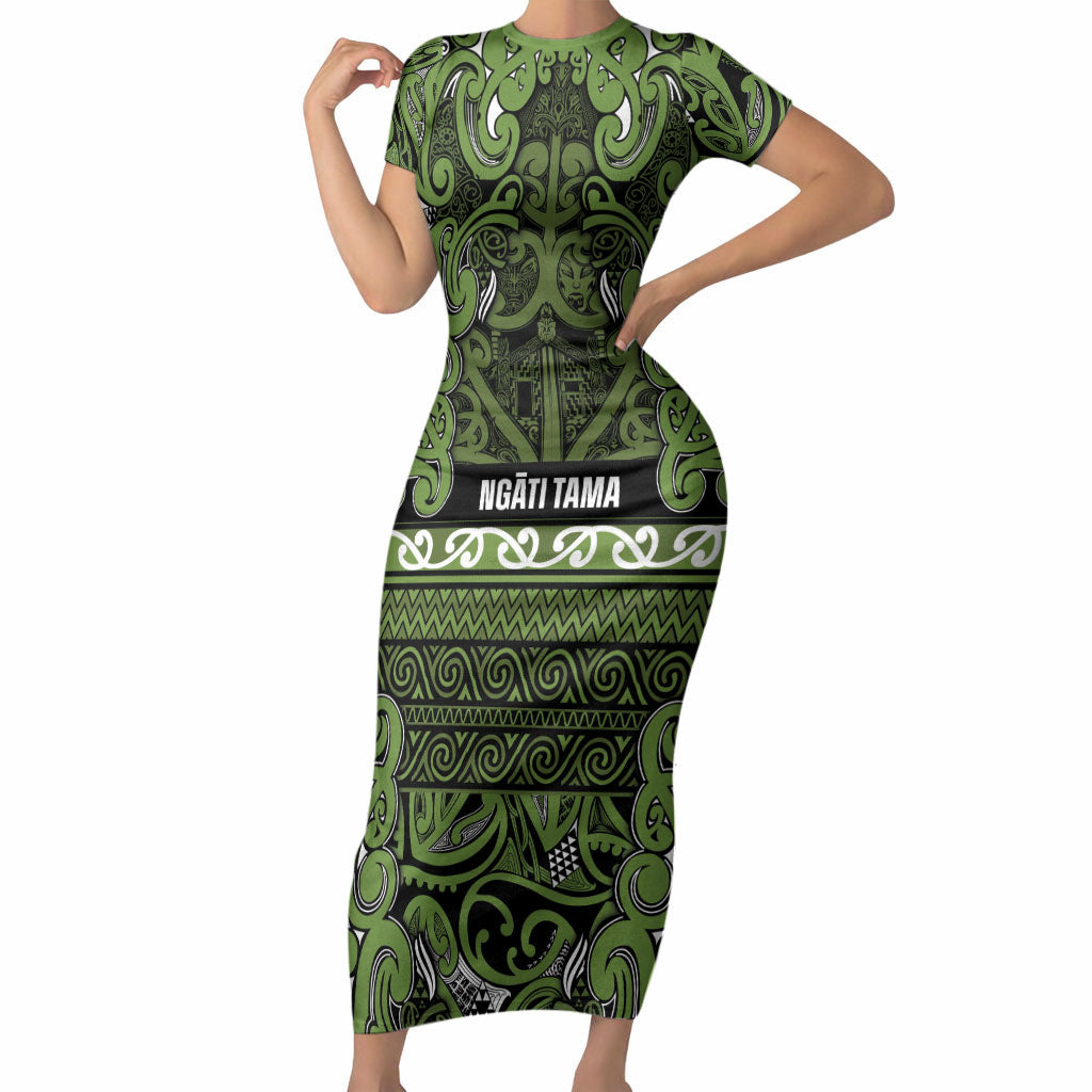 Aotearoa Iwi Ngāti Tama ki Taranaki Trust Short Sleeve Bodycon Dress Maori Wharenui House Tribal Pattern LT9 Long Dress Lime - Polynesian Pride