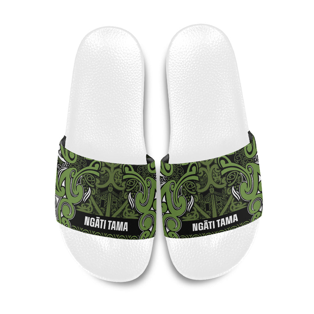 Aotearoa Iwi Ngāti Tama ki Taranaki Trust Slide Sandals Maori Wharenui House Tribal Pattern LT9 Lime - Polynesian Pride