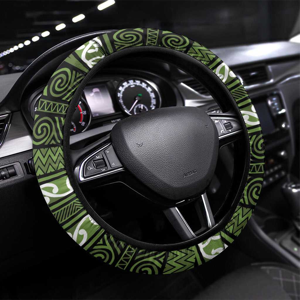 Aotearoa Iwi Ngāti Tama ki Taranaki Trust Steering Wheel Cover Maori Wharenui House Tribal Pattern LT9 Universal Fit Lime - Polynesian Pride