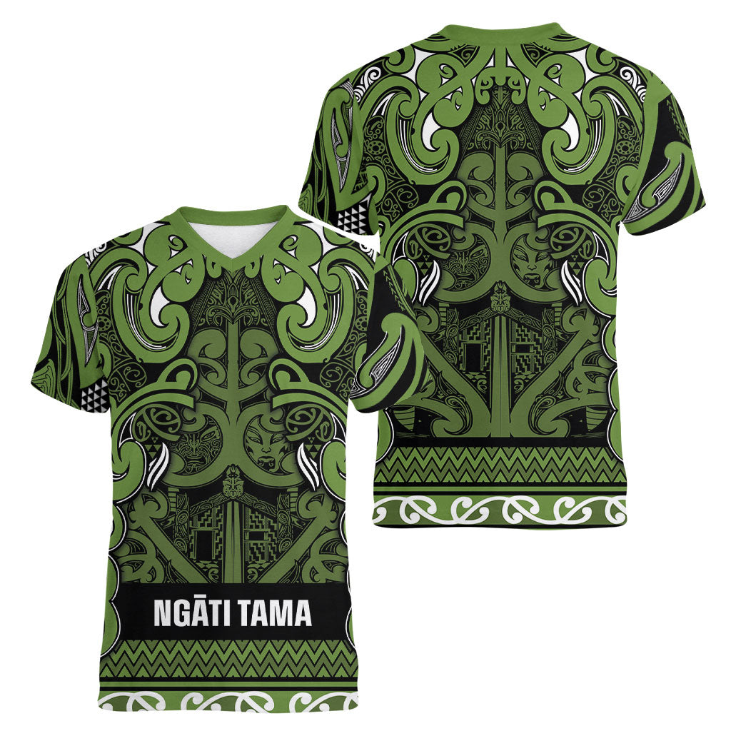 Aotearoa Iwi Ngāti Tama ki Taranaki Trust Women V-Neck T-Shirt Maori Wharenui House Tribal Pattern LT9 - Polynesian Pride