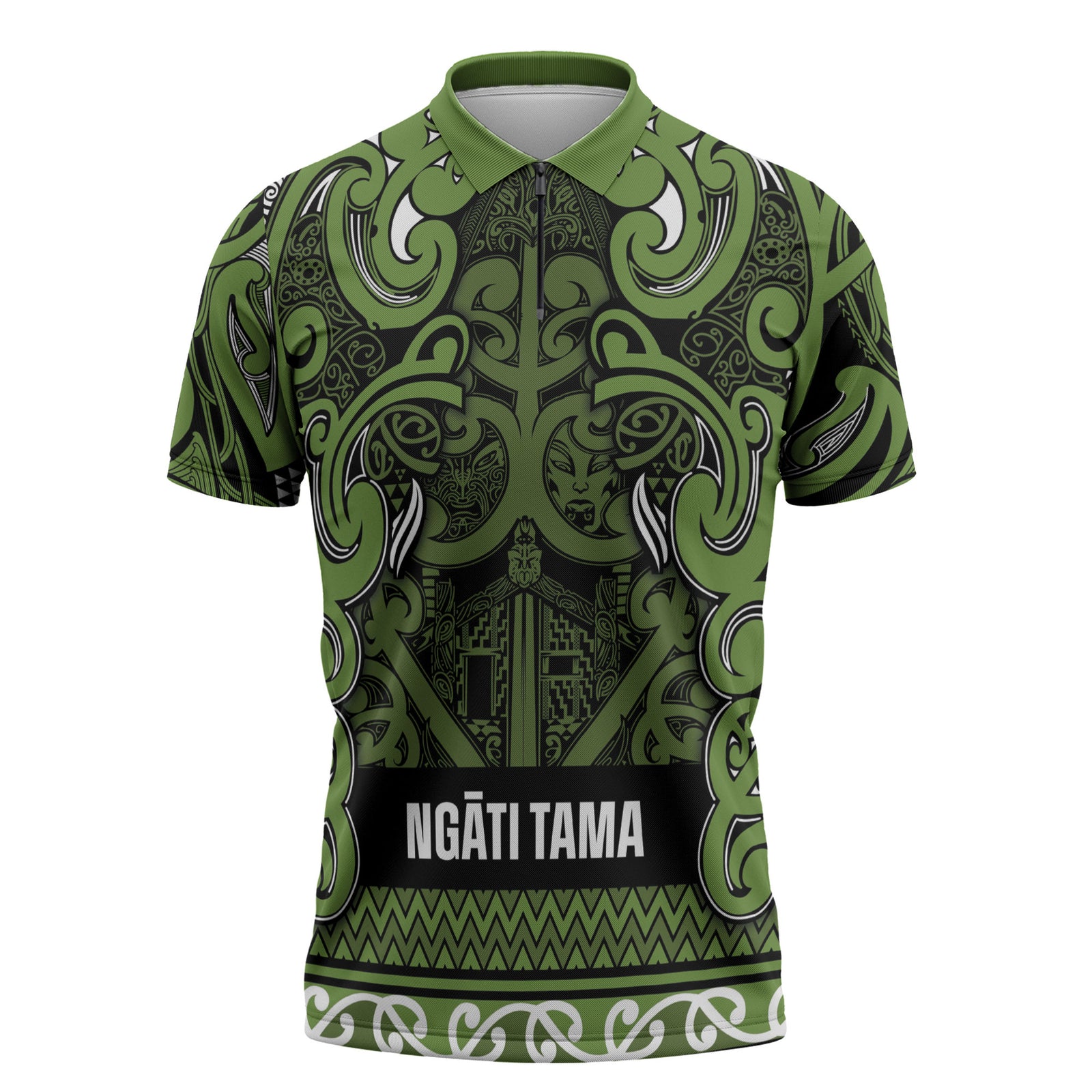Aotearoa Iwi Ngāti Tama ki Taranaki Trust Zipper Polo Shirt Maori Wharenui House Tribal Pattern LT9 Lime - Polynesian Pride