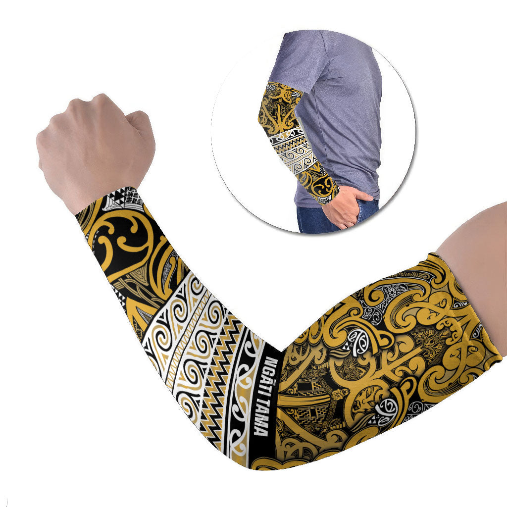 Aotearoa Iwi Ngāti Tama ki Te Waipounamu Trust Arm Sleeves Maori Wharenui House Tribal Pattern LT9 Set of 2 Gold - Polynesian Pride