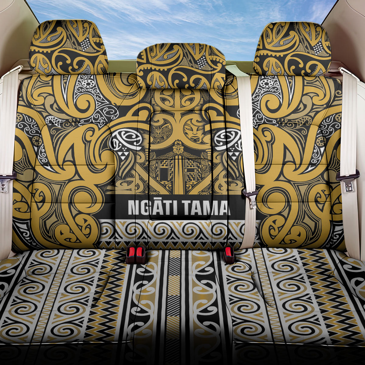 Aotearoa Iwi Ngāti Tama ki Te Waipounamu Trust Back Car Seat Cover Maori Wharenui House Tribal Pattern LT9 One Size Gold - Polynesian Pride